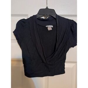 Body Central Black Short Sleeve V-Neck Wrap Crop Top Ribbed Trim Small
